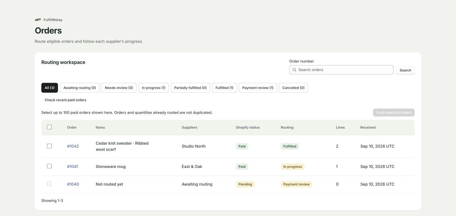 FulfillRelay routing workspace listing orders with supplier, Shopify status and routing status