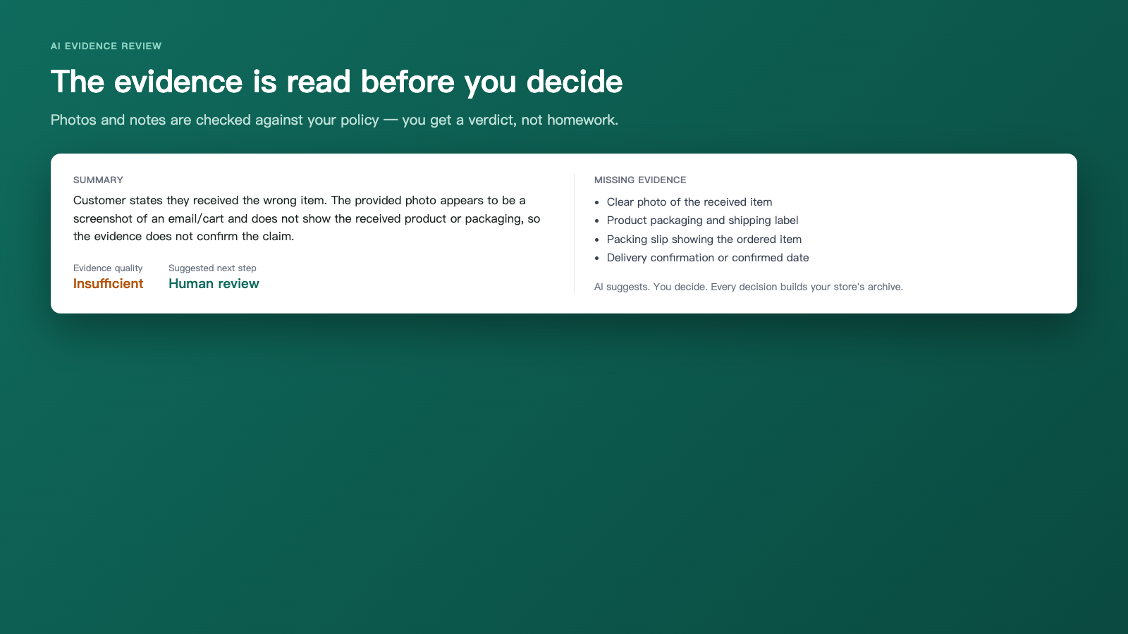 Return case with matched rule and AI evidence review card