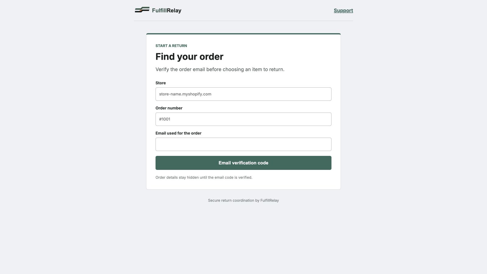 Store-branded customer return portal with email verification