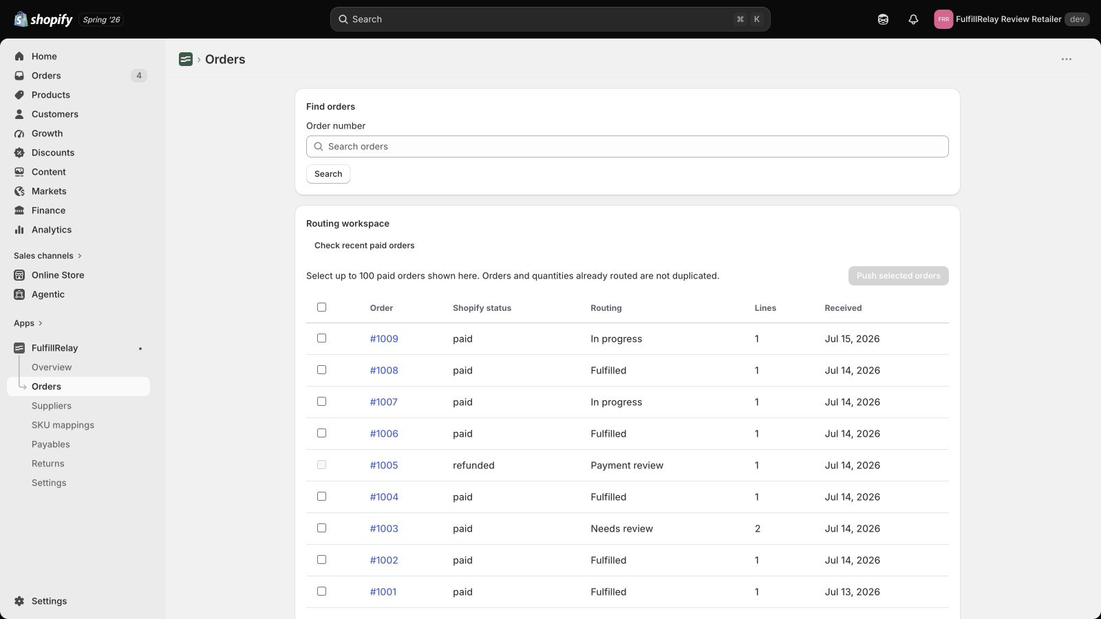 FulfillRelay routing workspace inside Shopify showing paid orders with routing states
