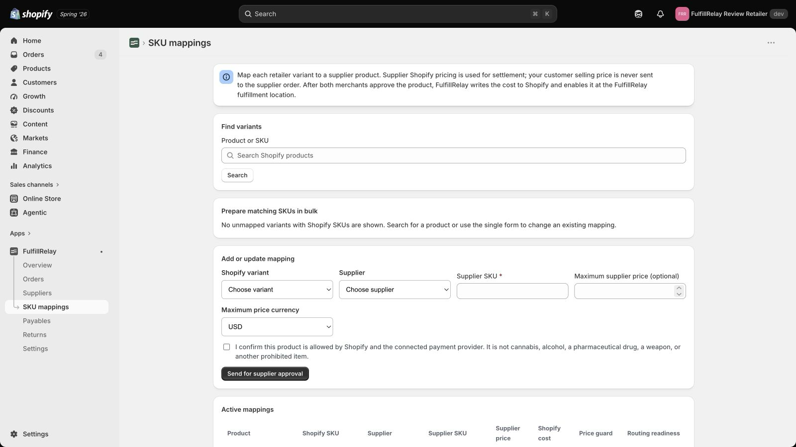 FulfillRelay SKU mapping page with supplier approval and price guard